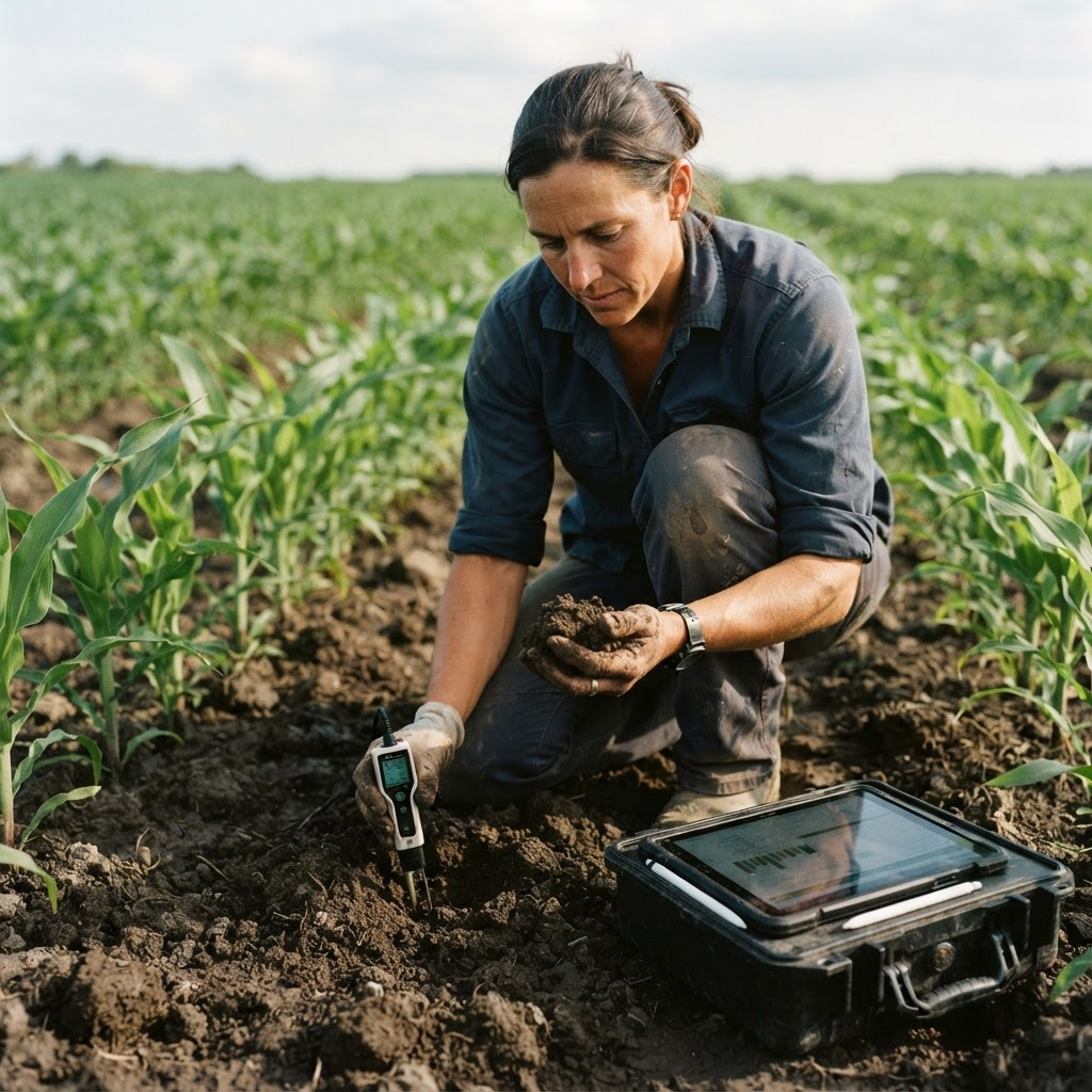 Agronomist examining a soil sample and crop health in the field